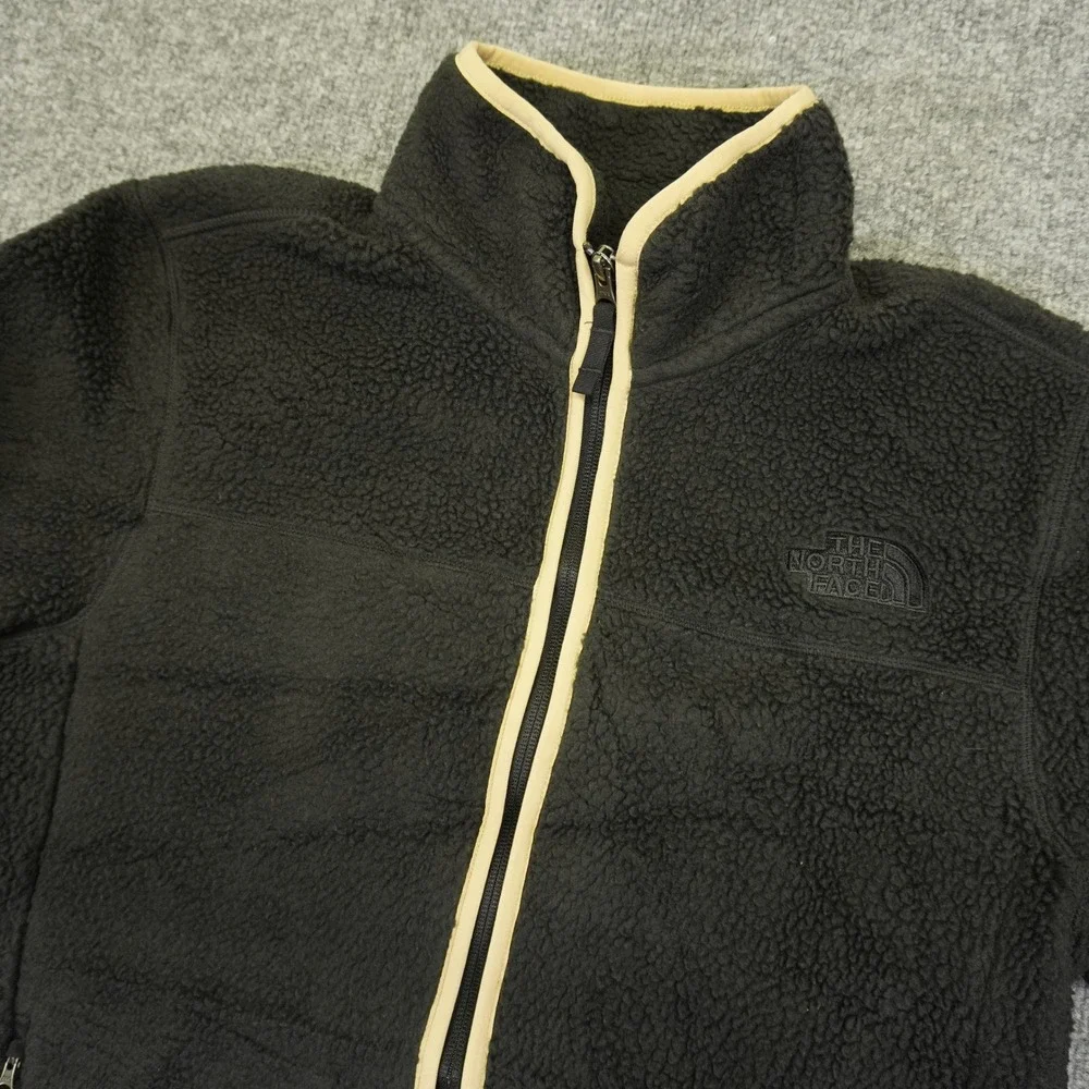 The North Face Fleece Jacket Mens Small Black Sherpa Full Zip Tan Trim Mock Neck